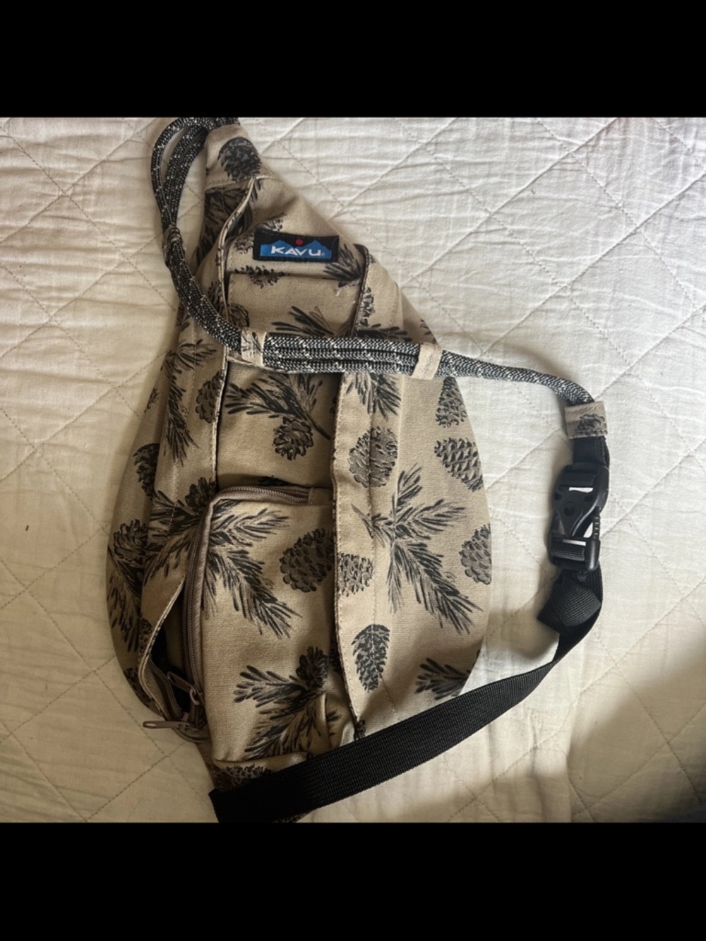 Kavu Tan Sling Bag with Black Pinecone Print